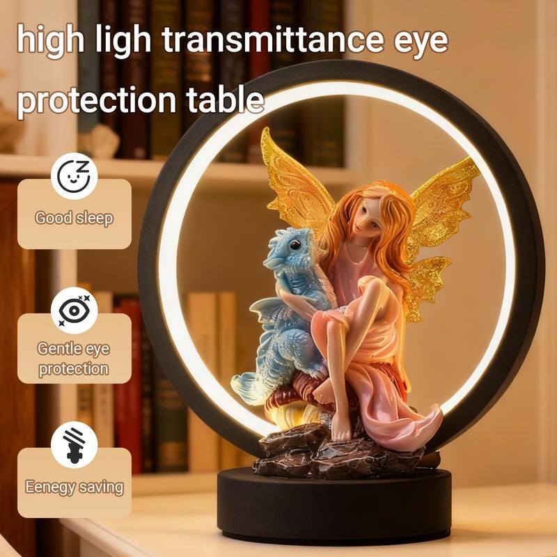 Hmusnwol Store Fairy Dragon Figurine Lamp - Fairy Collection Pixie Statue with 6.15 inch LED Circle Table Lamp for Gifts,Fantasy/Bedroom/Bookshelf/Desk Decoration - Image 3